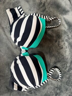 kangaROOS Black & White Striped Bikini Top with Teal Panels